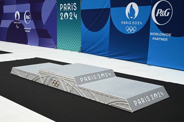(240524) -- SAINT DENIS, May 24, 2024 -- Photo taken on May 23, 2024 shows the Paris 2024 podium during an unveiling ceremony of the podiums of the Paris 2024 Olympics and Paralympics held in Saint Denis, near Paris, France. (Photo by Julien Mattia Xinhua) (SP)FRANCE-SAINT DENIS-PARIS 2024 OLYMPIC AND PARALYMPIC PODIUMS-UNVEILING JxUlienmattiagaojing 