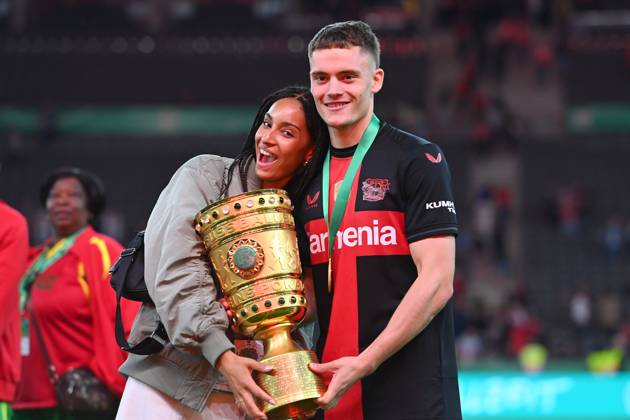 Florian WIRTZ Bayer Leverkusen and girlfriend Aaliyah with Pokal,Cup,Trophaee, Fussball 81 DFB Pokal Final 2024 1 FC Kaiserslautern Bayer 04 Leverkusen 0 1 am 25 05 2024, Olympiastadion in Berlin DFL DFB regulations prohibit any use of photographs as image sequences and or quasi video Â