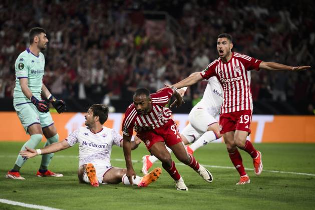 Olympiacos FC v ACF Fiorentina - UEFA Conference League Ayoub El Kaabi of Olympiacos FC celebrates after scoring a goal during the UEFA Conference League final football match between Olympiacos FC and ACF Fiorentina. Athens Greece Copyright: xNicolòxCampox