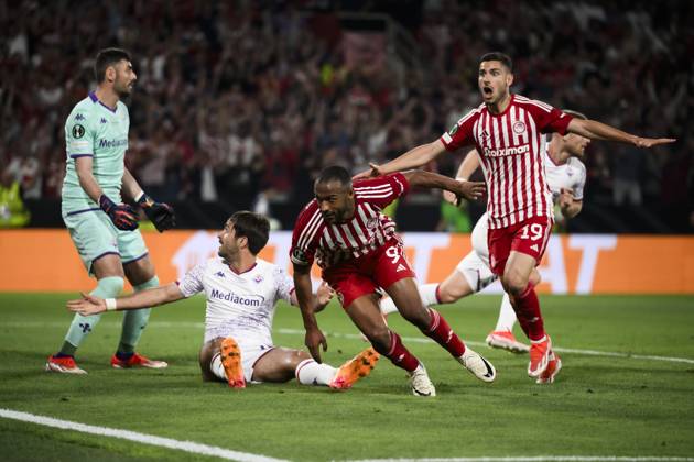 Olympiacos FC v ACF Fiorentina - UEFA Conference League Ayoub El Kaabi of Olympiacos FC celebrates after scoring a goal during the UEFA Conference League final football match between Olympiacos FC and ACF Fiorentina. Athens Greece Copyright: xNicolòxCampox