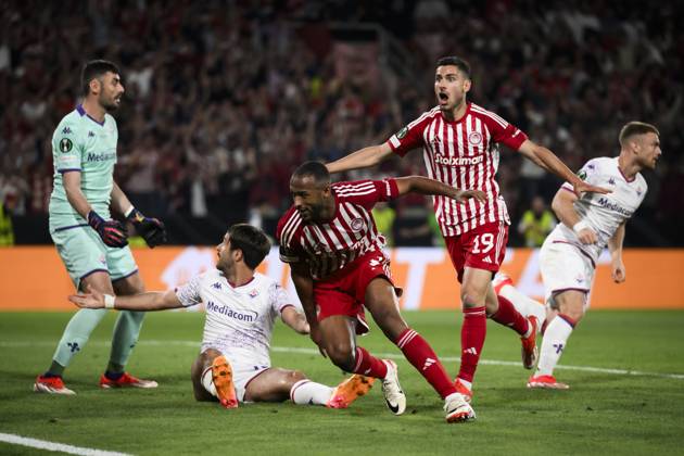 Olympiacos FC v ACF Fiorentina - UEFA Conference League Ayoub El Kaabi of Olympiacos FC celebrates after scoring a goal during the UEFA Conference League final football match between Olympiacos FC and ACF Fiorentina. Athens Greece Copyright: xNicolòxCampox