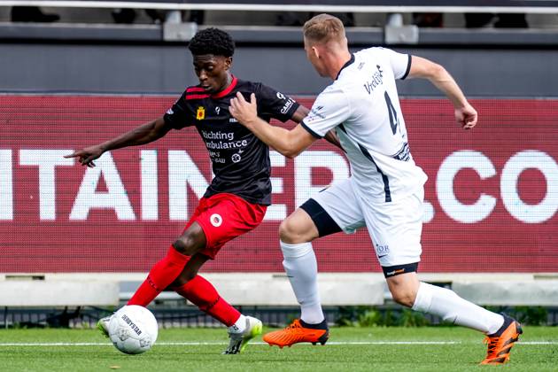 2024-06-02 Excelsior Rotterdam v NAC Breda - Dutch Keuken Kampioen Divisie Promotion Relegation Play Offs Final ROTTERDAM, NETHERLANDS - JUNE 2: Derensili Sanches Fernandes of Excelsior Rotterdam is challenged by Boy Kemper of NAC Breda during the Dutch Keuken Kampioen Divisie Promotion Relegation Play Offs Final match between Excelsior Rotterdam and NAC Breda at Van Donge & De Roo Stadion on June 2, 2024 in Rotterdam, Netherlands. (Photo by Joris Verwijst BSR Agency) Rotterdam Netherlands Content not available for redistribution in The Netherlands directly or indirectly through any third parties. Copyright: xBSRxAgencyx