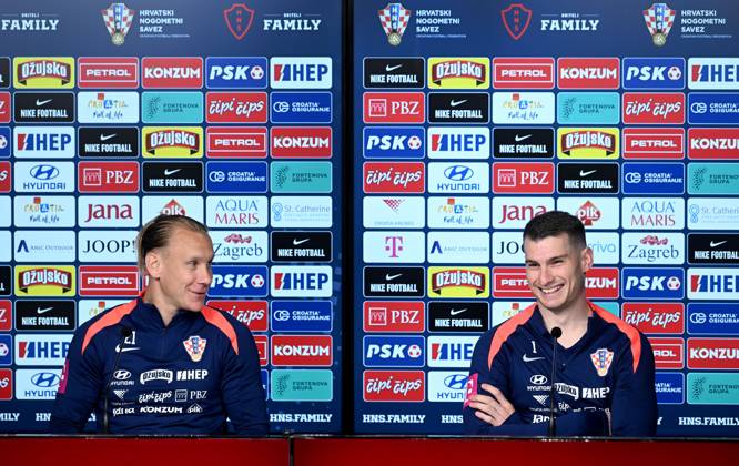 Croatia EURO 2024 press conference, PK, Pressekonferenz Domagoj Vida and Dominik Livkovic of Croatia speak during a Croatia national team, Nationalteam press conference at UEFA EURO, EM, Europameisterschaft,Fussball 2024 Croatia base camp in Neuruppin, Germany on June 11, 2024. MarkoxLukunic PIXSELL