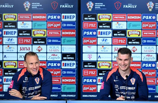 Croatia EURO 2024 press conference, PK, Pressekonferenz Domagoj Vida and Dominik Livkovic of Croatia speak during a Croatia national team, Nationalteam press conference at UEFA EURO, EM, Europameisterschaft,Fussball 2024 Croatia base camp in Neuruppin, Germany on June 11, 2024. MarkoxLukunic PIXSELL