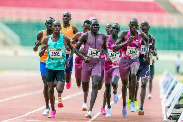 RECORD DATE NOT STATED NAIROBI, KENYA - JUNE 14: Reynold Cheruiyot (146) competes with Daniel Munguti (149) and Timothy Cheruiyot (148) in 1500m men final finishing line during Athletics Kenya Paris Olympics Trials on June 14th 2024 at Nyayo National Stadium.Photo CHRIS OMOLLO Copyright: xx