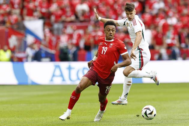 COLOGNE, RheinEnergie Stadium, 15-06-2024 , European Football Championship Euro2024, Group stage match no.2 between Hungary and Switzerland. Hungary player Milos Kerkez and Switzerland player Dan Ndoye Hungary - Switzerland (Euro2024) x25494506x Copyright: