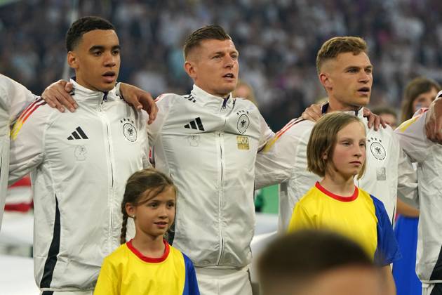 National team, football, UEFA Euro2024, EM 2024,Germany Scotland Allianzarena, Munich Jamal Musialo, Toni kroos, Joshua Kimmich sing national anthem Germany,