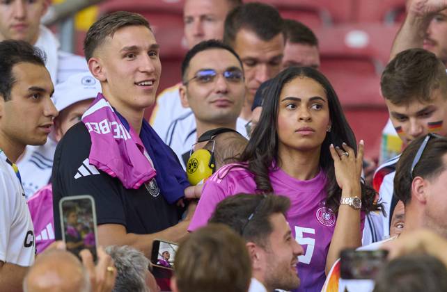 Nico Schlotterbeck, DFB 15 wife Sabrina, and baby, son, daughter in the group stage match GERMANY - HUNGARY 2-0 of the UEFA European Championships 2024 on Jun 19, 2024 in Stuttgart, Germany.