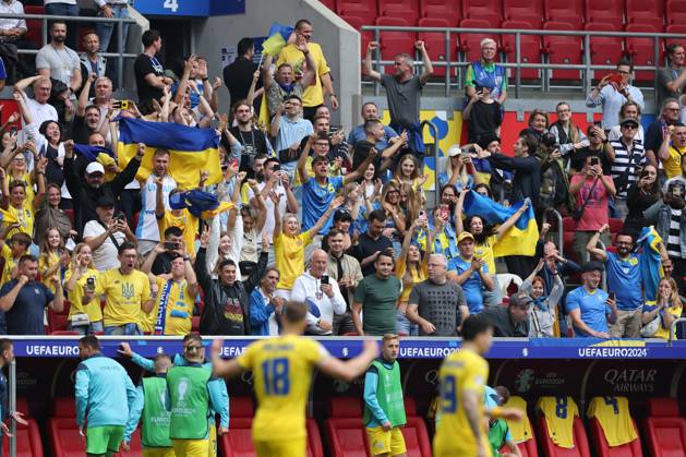 Dusseldorf, Germany 21.06.2024: Roman Yaremchuk of Ukraine score the goal 1-2 and celebrates during the UEFA EURO, EM, Europameisterschaft,Fussball 2024 group stage E football match between Slovakia vs Ukraine at Dusseldorf Arena in Dusseldorf Copyright: xx xx IPA_Agency_IPA47349389