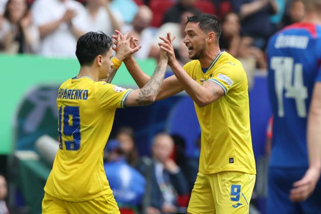 Dusseldorf, Germany 21.06.2024: Roman Yaremchuk of Ukraine score the goal 1-2 and celebrates during the UEFA EURO, EM, Europameisterschaft,Fussball 2024 group stage E football match between Slovakia vs Ukraine at Dusseldorf Arena in Dusseldorf Copyright: xx xx IPA_Agency_IPA47349391