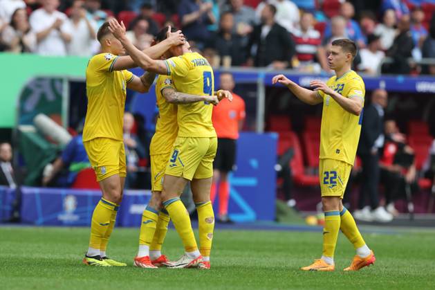 Dusseldorf, Germany 21.06.2024: Roman Yaremchuk of Ukraine score the goal 1-2 and celebrates during the UEFA EURO, EM, Europameisterschaft,Fussball 2024 group stage E football match between Slovakia vs Ukraine at Dusseldorf Arena in Dusseldorf Copyright: xx xx IPA_Agency_IPA47349427