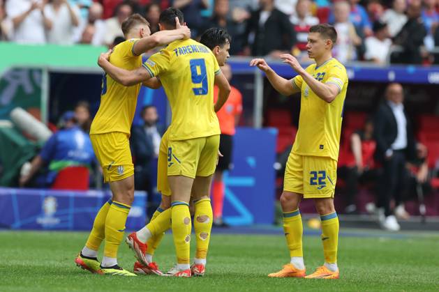 Dusseldorf, Germany 21.06.2024: Roman Yaremchuk of Ukraine score the goal 1-2 and celebrates during the UEFA EURO, EM, Europameisterschaft,Fussball 2024 group stage E football match between Slovakia vs Ukraine at Dusseldorf Arena in Dusseldorf Copyright: xx xx IPA_Agency_IPA47349431