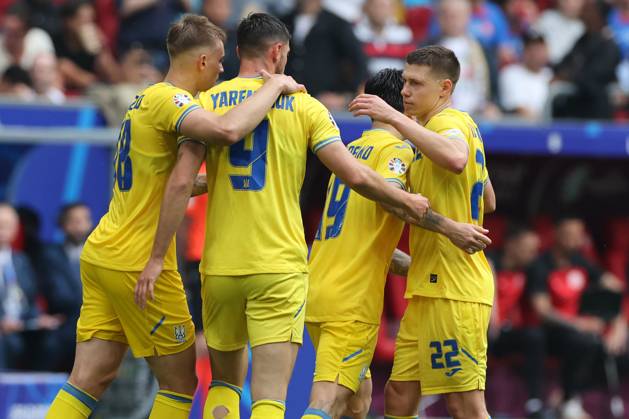 Dusseldorf, Germany 21.06.2024: Roman Yaremchuk of Ukraine score the goal 1-2 and celebrates during the UEFA EURO, EM, Europameisterschaft,Fussball 2024 group stage E football match between Slovakia vs Ukraine at Dusseldorf Arena in Dusseldorf Copyright: xx xx IPA_Agency_IPA47349434
