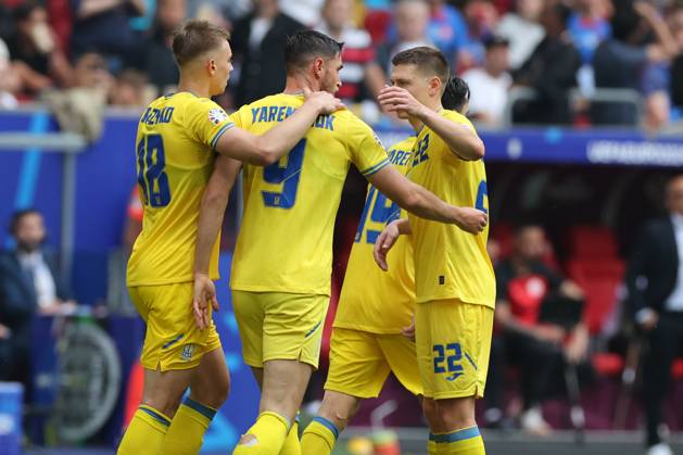 Dusseldorf, Germany 21.06.2024: Roman Yaremchuk of Ukraine score the goal 1-2 and celebrates during the UEFA EURO, EM, Europameisterschaft,Fussball 2024 group stage E football match between Slovakia vs Ukraine at Dusseldorf Arena in Dusseldorf Copyright: xx xx IPA_Agency_IPA47349436