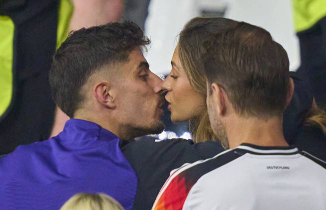 Sophia Weber, girlfriend kisses Kai Havertz in the group A stage match GERMANY - SWITZERLAND 1-1 of the UEFA European Championships 2024 on Jun 23, 2024 in Frankfurt, Germany.