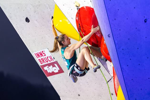 30 06 2024, Innsbruck, AUT, IFSC, Climbing World Cup Innsbruck 2024, women, lead climbing, final, in the picture Jessica Pilz AUT Jessica Pilz of Austria during the final of women Lead competition IFSC Climbing World Cup in Innsbruck, Austria on 2024 06 30 Expa Innsbruck  EP_gro
