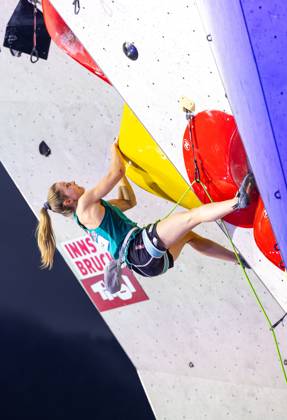30 06 2024, Innsbruck, AUT, IFSC, Climbing World Cup Innsbruck 2024, women, lead climbing, final, in the picture Jessica Pilz AUT Jessica Pilz of Austria during the final of women Lead competition IFSC Climbing World Cup in Innsbruck, Austria on 2024 06 30 Expa Innsbruck  EP_gro