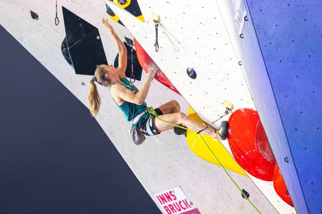 30 06 2024, Innsbruck, AUT, IFSC, Climbing World Cup Innsbruck 2024, women, lead climbing, final, in the picture Jessica Pilz AUT Jessica Pilz of Austria during the final of women Lead competition IFSC Climbing World Cup in Innsbruck, Austria on 2024 06 30 Expa Innsbruck  EP_gro