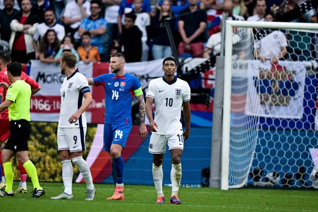 GELSENKIRCHEN, GERMANY - JUNE 30: Milan Skriniar, Jude Bellingham during the UEFA EURO, EM, Europameisterschaft,Fussball 2024 round of 16 match between England and Slovakia at Arena AufSchalke on June 30, 2024 in Gelsenkirchen, G England v Slovakia: Round of 16 - UEFA EURO 2024 Copyright: xSebastianxFrejx