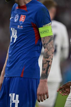GELSENKIRCHEN, GERMANY - JUNE 30: Milan Skriniar tattoos during the UEFA EURO, EM, Europameisterschaft,Fussball 2024 round of 16 match between England and Slovakia at Arena AufSchalke on June 30, 2024 in Gelsenkirchen, G England v Slovakia: Round of 16 - UEFA EURO 2024 Copyright: xSebastianxFrejx
