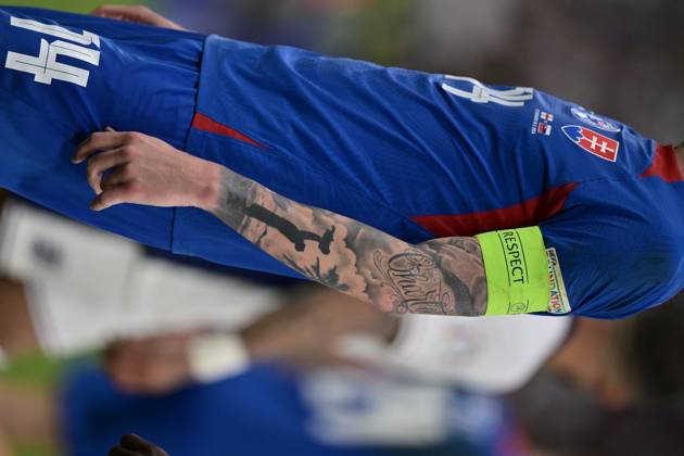 GELSENKIRCHEN, GERMANY - JUNE 30: Milan Skriniar tattoos during the UEFA EURO, EM, Europameisterschaft,Fussball 2024 round of 16 match between England and Slovakia at Arena AufSchalke on June 30, 2024 in Gelsenkirchen, G England v Slovakia: Round of 16 - UEFA EURO 2024 Copyright: xSebastianxFrejx