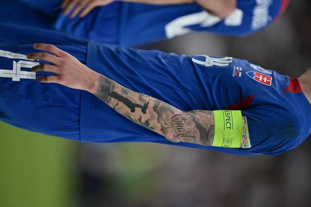 GELSENKIRCHEN, GERMANY - JUNE 30: Milan Skriniar tattoos during the UEFA EURO, EM, Europameisterschaft,Fussball 2024 round of 16 match between England and Slovakia at Arena AufSchalke on June 30, 2024 in Gelsenkirchen, G England v Slovakia: Round of 16 - UEFA EURO 2024 Copyright: xSebastianxFrejx