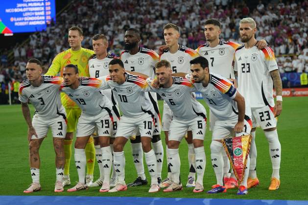 National team, Football, UEFA Euro2024, Euro 2024, Dortmund, Germany Denmark Back row from left Manuel Neuer, Toni Kroos, Antonio Rüdiger,nico schlotterbeck, Kai Havertz, Robert Andrich Front row from left David Raum, Leroy Sane, Jamal Musiala, Joshua Kimmich, Ilkay Gündogan all Germany, Tim foto,