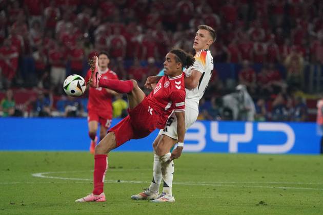 National team, football, UEFA Euro2024, Euro 2024, Dortmund, Germany Denmark Yussuf Poulsen Denmark nico schlotterbeck, Germany, action, single image