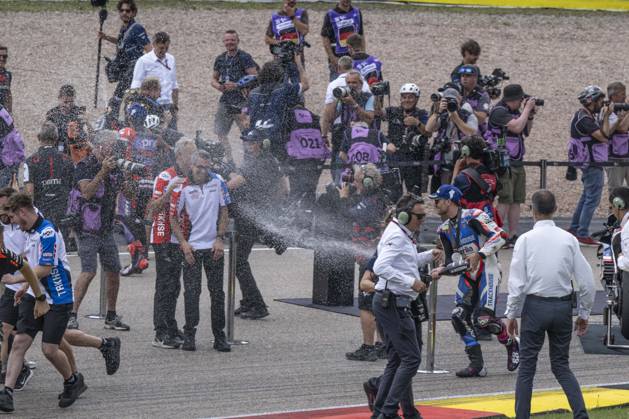 OLIVEIRA Miguel (prt), Trackhouse Racing, Aprilia RS-GP 2024, portrait, celebrating his second place in Sprint Race during the 2024 MotoGP Liquid Molly Motorrad Grand Prix Deutschland, German GP, on the Sachsenring circuit, from July 5 to 7th, in Hohenstein-Ernstthan Germany - MOTO - MOTO GP - GERMANY GRAND PRIX 2024 DPPI Panoramic _GG91858