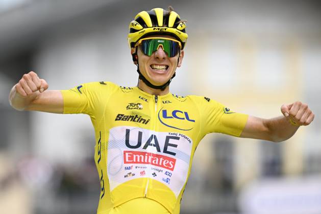 Tour de France 2024 - Stage 14 SAINT-LARY-SOULAN PLA D ADET, FRANCE - JULY 13 : Pogacar Tadej (SVN) of UAE Team Emirates winning stage 14 of the 111th edition of the Tour de France 2024 cycling race, a stage of 152 kms with start in Pau and finish in Saint-Lary-Soulan Pla d Adet on July 13, 2024 in Saint-Lary-Soulan Pla d Adet, France, 13 07 2024 Saint-Lary-Soulan Pla d Adet France Copyright: xNicoxVereeckenx