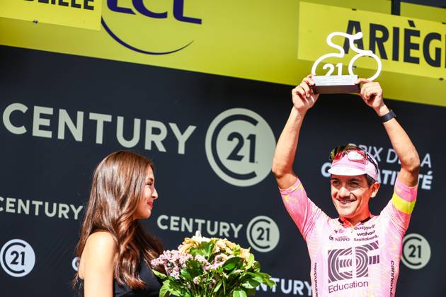Ecuadorian Richard Carapaz of EF Education-EasyPost pictured on the podium after stage 15 of the 2024 Tour de France cycling race, from Loudenvielle to Plateau de Beille, France (107,7 km), on Sunday 14 July 2024. The 111th edition of the Tour de France starts on Saturday 29 June and will finish in Nice, France on 21 July. DAVIDxPINTENS x96414518x