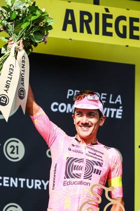 Ecuadorian Richard Carapaz of EF Education-EasyPost pictured on the podium after stage 15 of the 2024 Tour de France cycling race, from Loudenvielle to Plateau de Beille, France (107,7 km), on Sunday 14 July 2024. The 111th edition of the Tour de France starts on Saturday 29 June and will finish in Nice, France on 21 July. DAVIDxPINTENS x96414535x
