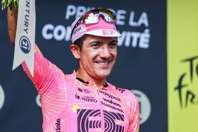 Ecuadorian Richard Carapaz of EF Education-EasyPost pictured on the podium after stage 15 of the 2024 Tour de France cycling race, from Loudenvielle to Plateau de Beille, France (107,7 km), on Sunday 14 July 2024. The 111th edition of the Tour de France starts on Saturday 29 June and will finish in Nice, France on 21 July. DAVIDxPINTENS x96414561x