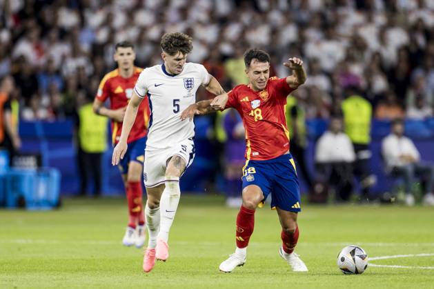 Spain v England, UEFA EURO, EM, Europameisterschaft,Fussball 2024 final, Berlin, Germany Berlin, Germany. 14th, July 2024. Martin Zubimendi (5) of Spain and John Stones (5) of England seen during the UEFA Euro 2024 final between Spain and England at Olympiastadion in Berlin. Berlin Germany Copyright: xGonzalesxPhoto LassexLagonix