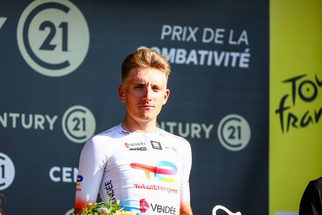 French Thomas Gachignard of TotalEnergies celebrates on the podium with the combativity award after stage 16 of the 2024 Tour de France cycling race, from Gruissan to Nimes, France (188,6 km), on Tuesday 16 July 2024. The 111th edition of the Tour de France starts on Saturday 29 June and will finish in Nice, France on 21 July. DAVIDxPINTENS x96541392x