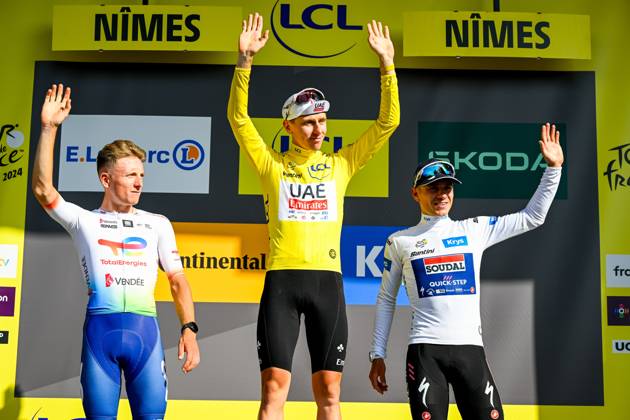 French Thomas Gachignard of TotalEnergies, Slovenian Tadej Pogacar of UAE Team Emirates and Belgian Remco Evenepoel of Soudal Quick-Step pictured on the podium after stage 16 of the 2024 Tour de France cycling race, from Gruissan to Nimes, France (188,6 km), on Tuesday 16 July 2024. The 111th edition of the Tour de France starts on Saturday 29 June and will finish in Nice, France on 21 July. TOM GOYVAERTS TomxGoyvaerts x96542215x