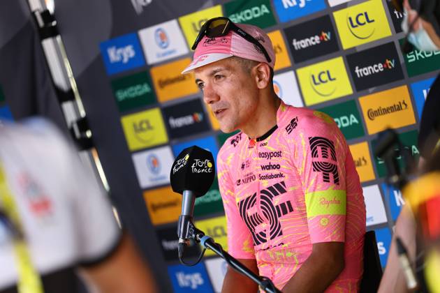 Ecuadorian Richard Carapaz of EF Education-EasyPost talks to the press after stage 17 of the 2024 Tour de France cycling race, from Saint-Paul-Trois-Châteaux to Superdevoluy (177,8 km), in France, on Wednesday 17 July 2024. The 111th edition of the Tour de France starts on Saturday 29 June and will finish in Nice, France on 21 July. DAVIDxPINTENS x96592449x