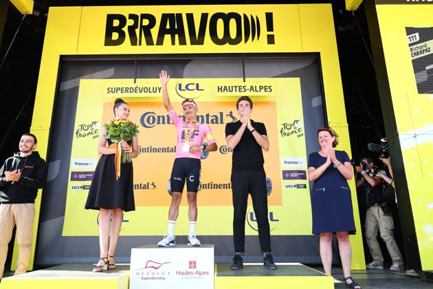 Ecuadorian Richard Carapaz of EF Education-EasyPost celebrates on the podium after winning stage 18 of the 2024 Tour de France cycling race, from Gap to Barcelonnette (179,5 km), in France, on Wednesday 17 July 2024. The 111th edition of the Tour de France starts on Saturday 29 June and will finish in Nice, France on 21 July. DAVIDxPINTENS x96592468x