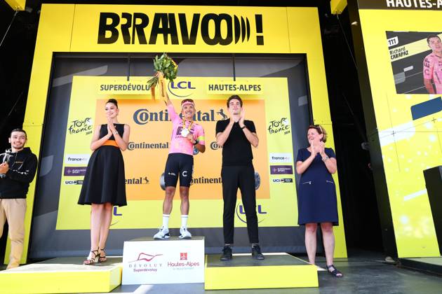 Ecuadorian Richard Carapaz of EF Education-EasyPost celebrates on the podium after winning stage 18 of the 2024 Tour de France cycling race, from Gap to Barcelonnette (179,5 km), in France, on Wednesday 17 July 2024. The 111th edition of the Tour de France starts on Saturday 29 June and will finish in Nice, France on 21 July. DAVIDxPINTENS x96592469x