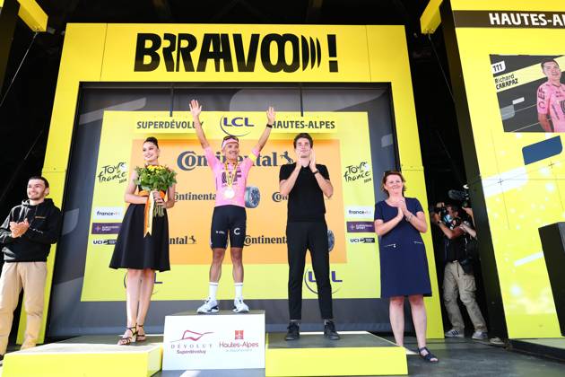 Ecuadorian Richard Carapaz of EF Education-EasyPost celebrates on the podium after winning stage 18 of the 2024 Tour de France cycling race, from Gap to Barcelonnette (179,5 km), in France, on Wednesday 17 July 2024. The 111th edition of the Tour de France starts on Saturday 29 June and will finish in Nice, France on 21 July. DAVIDxPINTENS x96592472x