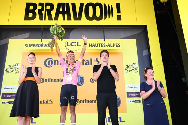 Ecuadorian Richard Carapaz of EF Education-EasyPost celebrates on the podium after winning stage 18 of the 2024 Tour de France cycling race, from Gap to Barcelonnette (179,5 km), in France, on Wednesday 17 July 2024. The 111th edition of the Tour de France starts on Saturday 29 June and will finish in Nice, France on 21 July. DAVIDxPINTENS x96592476x