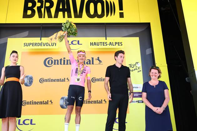 Ecuadorian Richard Carapaz of EF Education-EasyPost celebrates on the podium after winning stage 18 of the 2024 Tour de France cycling race, from Gap to Barcelonnette (179,5 km), in France, on Wednesday 17 July 2024. The 111th edition of the Tour de France starts on Saturday 29 June and will finish in Nice, France on 21 July. DAVIDxPINTENS x96592479x