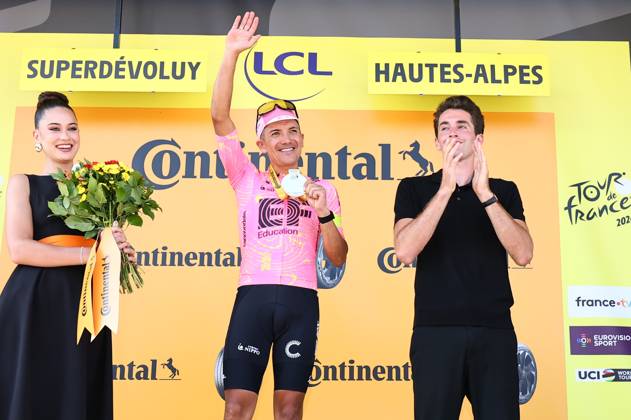 Ecuadorian Richard Carapaz of EF Education-EasyPost celebrates on the podium after winning stage 18 of the 2024 Tour de France cycling race, from Gap to Barcelonnette (179,5 km), in France, on Wednesday 17 July 2024. The 111th edition of the Tour de France starts on Saturday 29 June and will finish in Nice, France on 21 July. DAVIDxPINTENS x96592480x