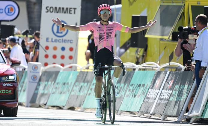 Ecuadorian Richard Carapaz of EF Education-EasyPost crosses the finish line to win stage 17 of the 2024 Tour de France cycling race, from Saint-Paul-Trois-Châteaux to Superdevoluy (177,8 km), in France, on Wednesday 17 July 2024. The 111th edition of the Tour de France starts on Saturday 29 June and will finish in Nice, France on 21 July. TOM GOYVAERTS TomxGoyvaerts x96592643x