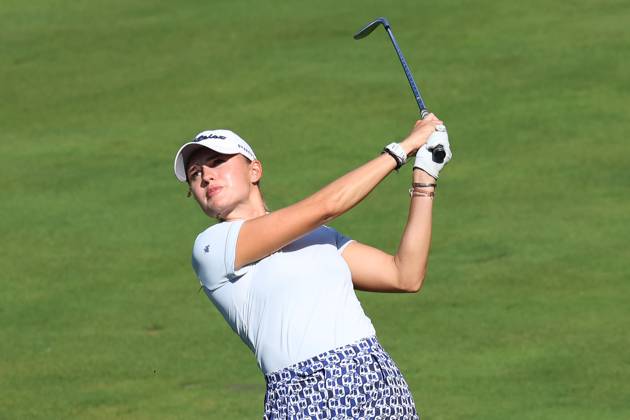 SYLVANIA, OH - JULY 18: LPGA, Golf Damen golfer Nataliya Guseva hits her approach shot on the 18th hole during the first round of the 2024 Dana Open on July 18, 2024, at Highland Meadows Golf Club in Sylvania, Ohio. (Photo by Brian Spurlock Icon Sportswire) GOLF: JUL 18 LPGA Dana Open EDITORIAL USE ONLY Icon2407181