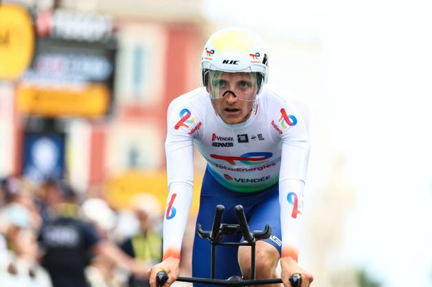 French Thomas Gachignard of TotalEnergies crosses the finish line of stage 21, the final stage of the 2024 Tour de France cycling race, an individual time trial from Monaco to Nice, France (33,7 km) on Sunday 21 July 2024. The 111th edition of the Tour de France starts on Saturday 29 June and will finish in Nice, France on 21 July. DAVIDxPINTENS x96834788x