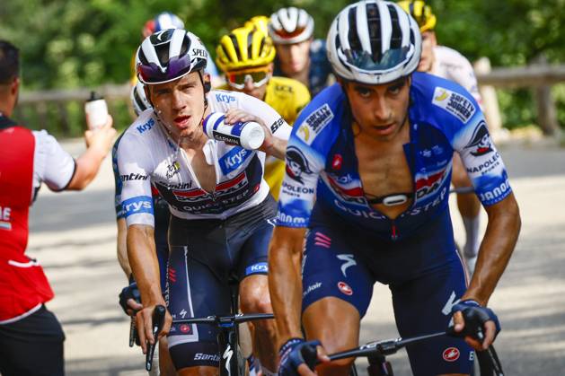 Tour de France 2024 - Stage 20 COL DE LA COUILLOLE, FRANCE - JULY 20 : Evenepoel Remco (BEL) of Soudal - Quick Step and Landa Mikel (ESP) of Soudal - Quick Step during stage 20 of the 111th edition of the Tour de France 2024 cycling race, a stage of 132,8 kms with start in Nice and finish in Col de la Couillole on July 20, 2024 in Col de la Couillole, France, 20 07 2024 Col de la Couillole France Copyright: xJanxDexMeuleneirx