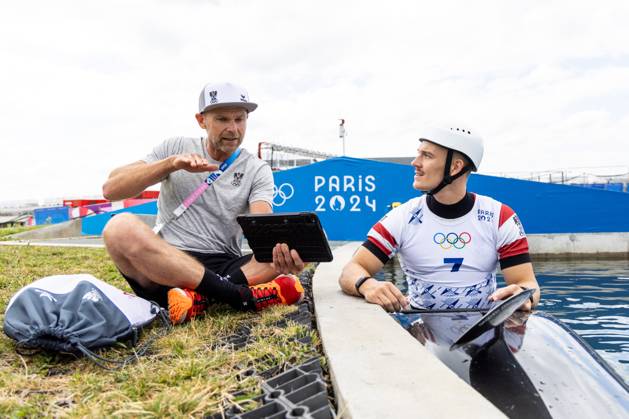 OLYMPICS - Olympic Summer Games 2024 PARIS,FRANCE,23.JUL.24 - OLYMPICS, CANOE - Olympic Summer Games Paris 2024, preview, training. Image shows coach Helmut Oblinger and Felix Oschmautz (AUT).  GEPAxpictures xMaticxKlansek