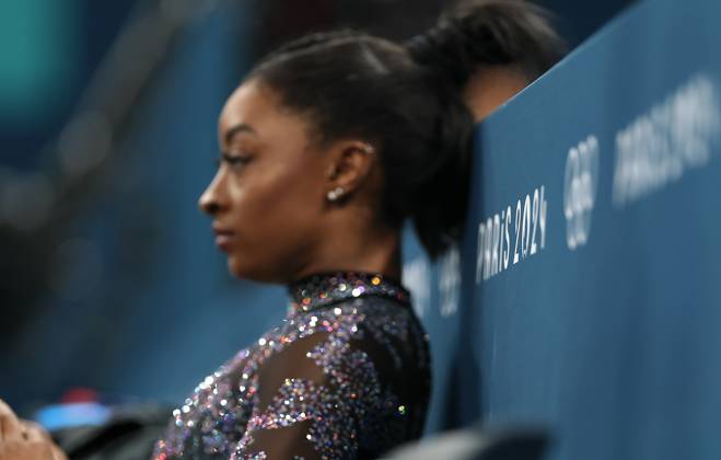 (240728) -- PARIS, July 28, 2024 -- Simone Biles of the United States is pictured before the artistic gymnastics women s qualification match during the Paris 2024 Olympic Games, Olympische Spiele, Olympia, OS at Bercy Arena in Paris, France, July 28, 2024. Cao Can) (PARIS2024)FRANCE-PARIS-OLY-ARTISTIC GYMNASTICS CaoCan