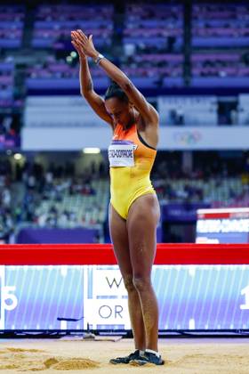 August 3, 2024, Paris, Paris, FRANCE: Ana Peleteiro-Compaore of Spain gestures during the Women s Triple Jump Final of the Athletics at Stade de France during the Paris 2024 Olympics Games on August 3, 2024 in Paris, France. Paris FRANCE - ZUMAa181 20240803_zaa_a181_337 Copyright: xAntonioxMartinezx